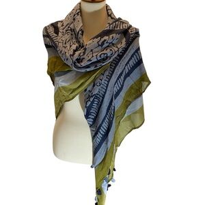 Chico’s Stylish Green and Blue Scarf with Blue Tassels & Gold Toned Balls